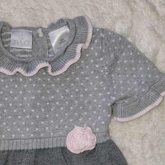 Fao SCHWARZ GRAY & PINK POLKA DOT SHORT-SLEEVE RUFFLED SWEATER DRESS, SZ 18 MOS. - Picture 4 of 9